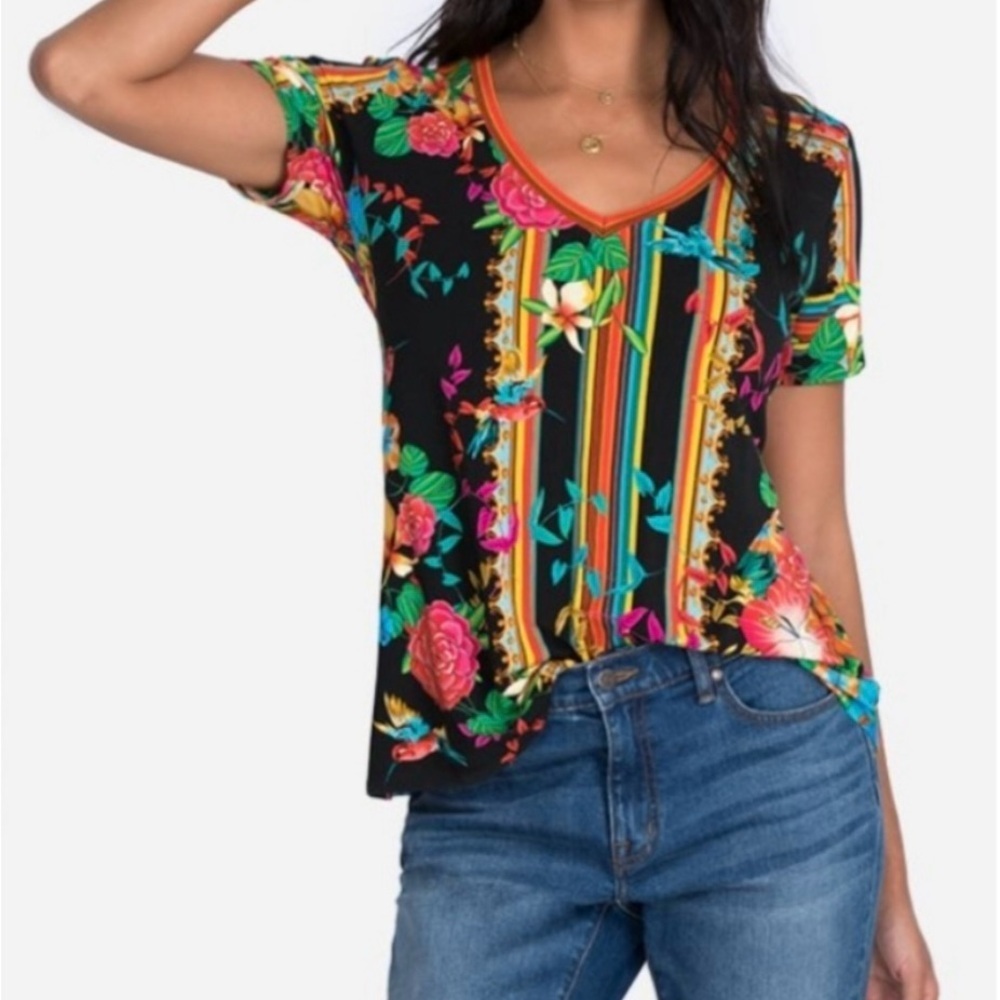 Johnny Was Andra Black Multi V Neck T Shirt Tunic Top Size Small